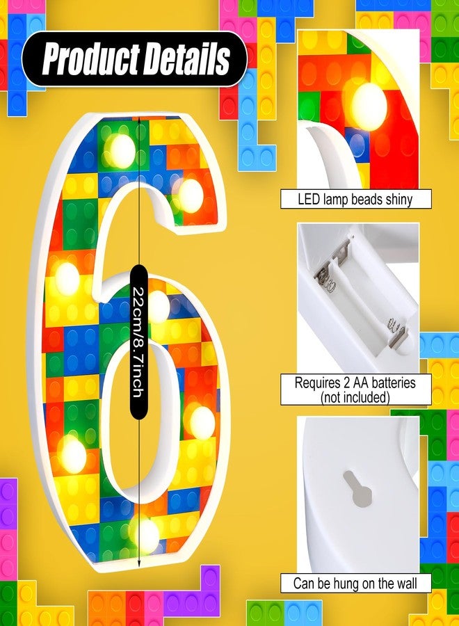 Baquler Building Block Light up Number Birthday Decoration Sign Marquee LED Numbers for Party Lighted Building Block Theme Birthday Party Supplies 8.58''(Number 6) - Image 2